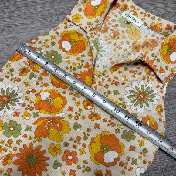 Kontrol Floral Sleeveless Top Collared V-Neck Side Cinch Orange Green Retro 70's - Picture 6 of 10